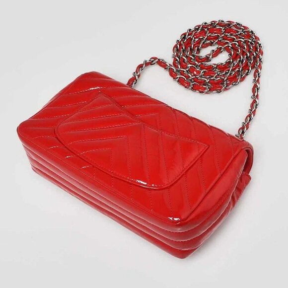 Chanel Red Chevron Quilted Patent Leather Classic Rectangular Mini Flap Bag - Picture 8 of 10